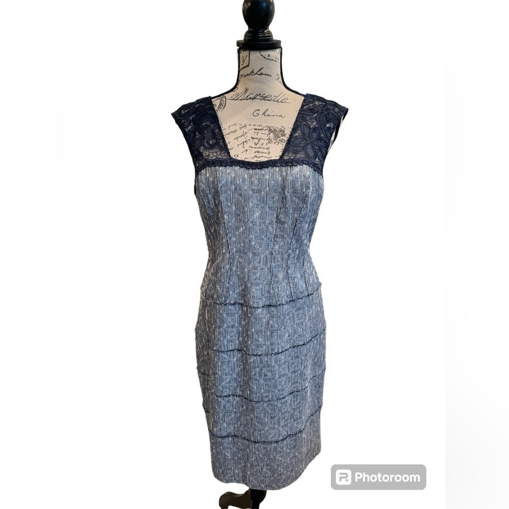 Kay Unger Sheath Dress Navy Blue Lace and Pewter Tweed Womens Size 12